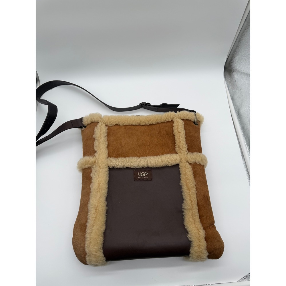 UGG Australia Suede Leather Shearling Trim Crossbody Bag Chestnut Messenger